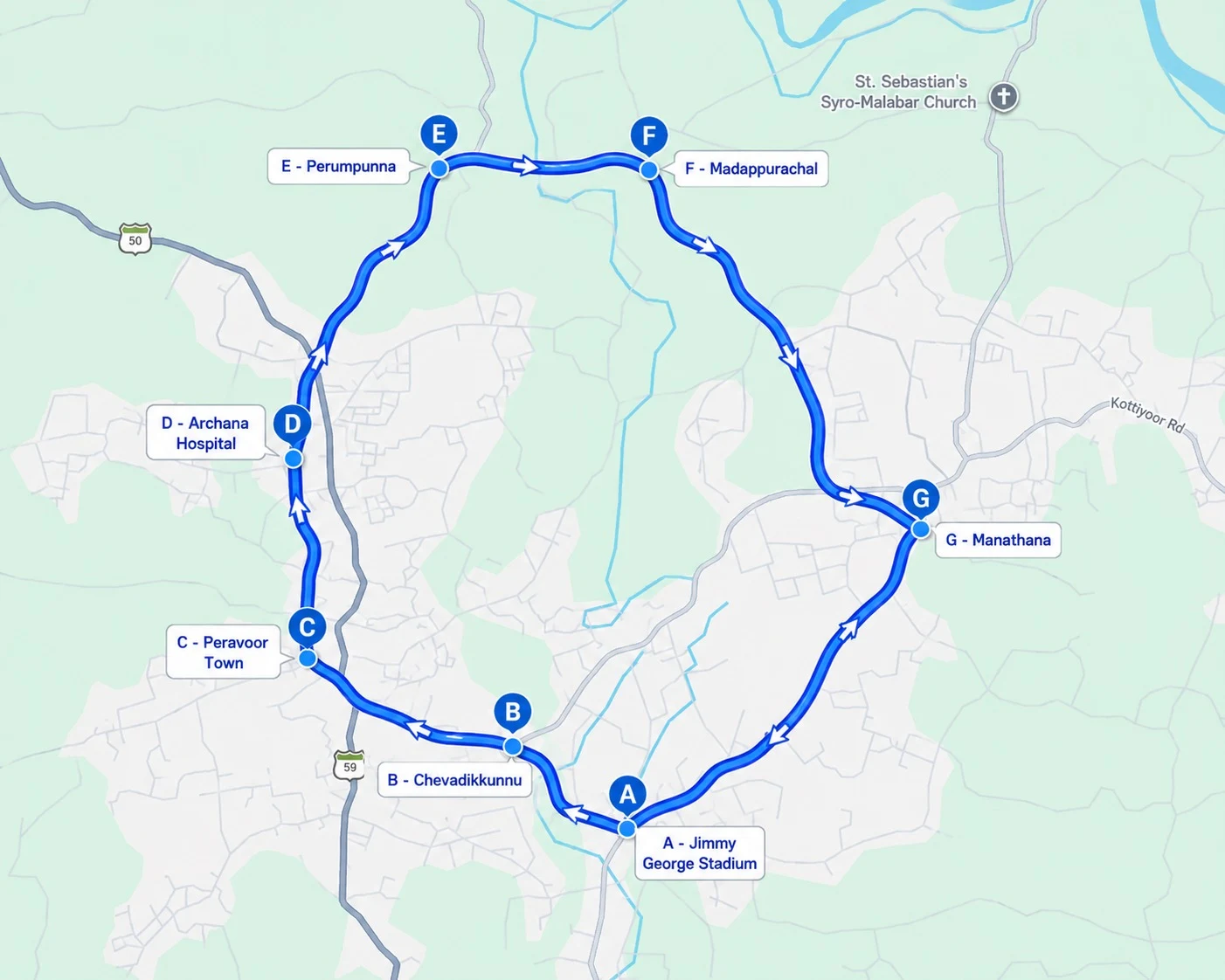 Peravoor Marathon 10.5K Route Map
